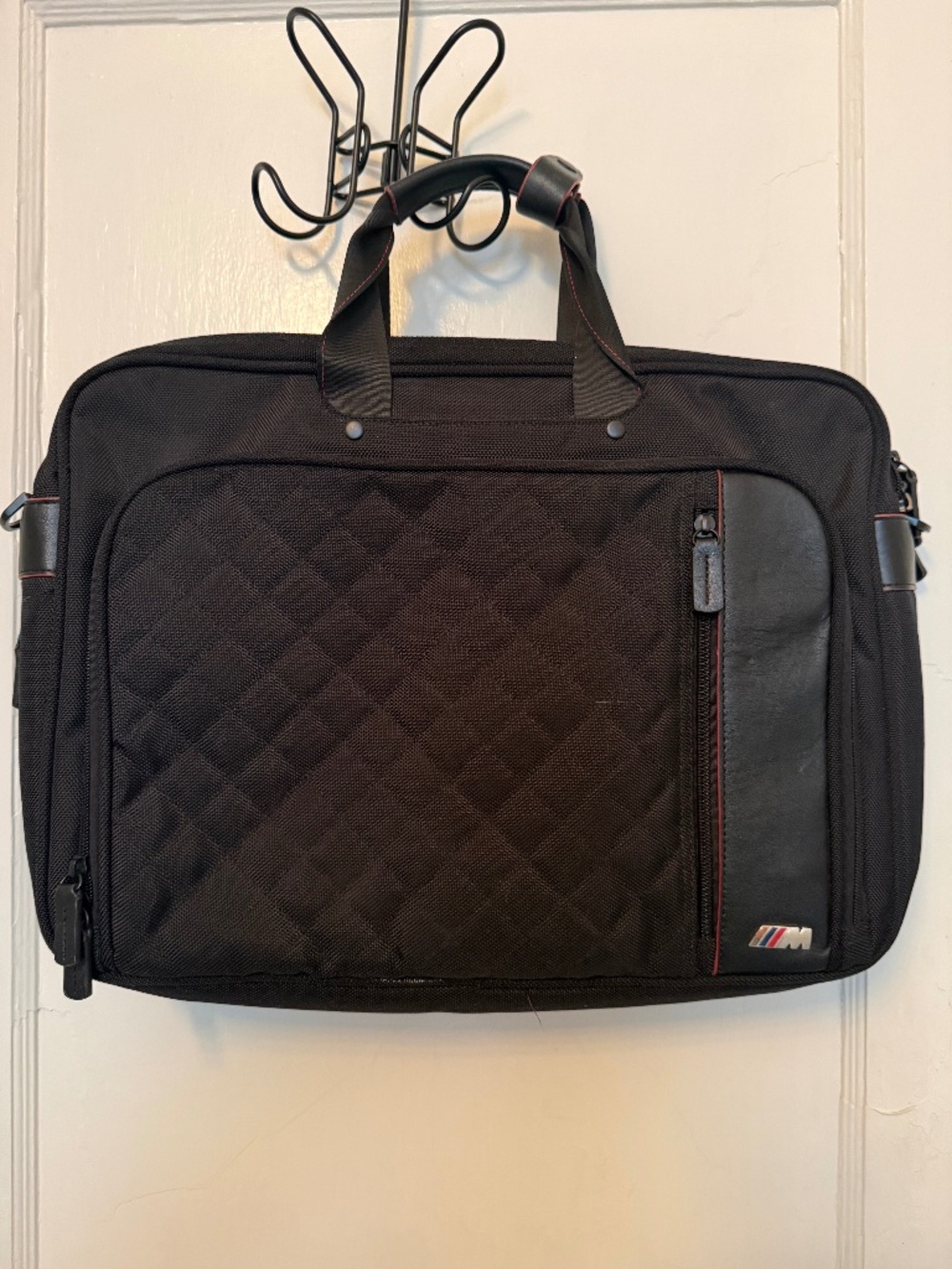 BMW M series black leather/canvas double laptop bag